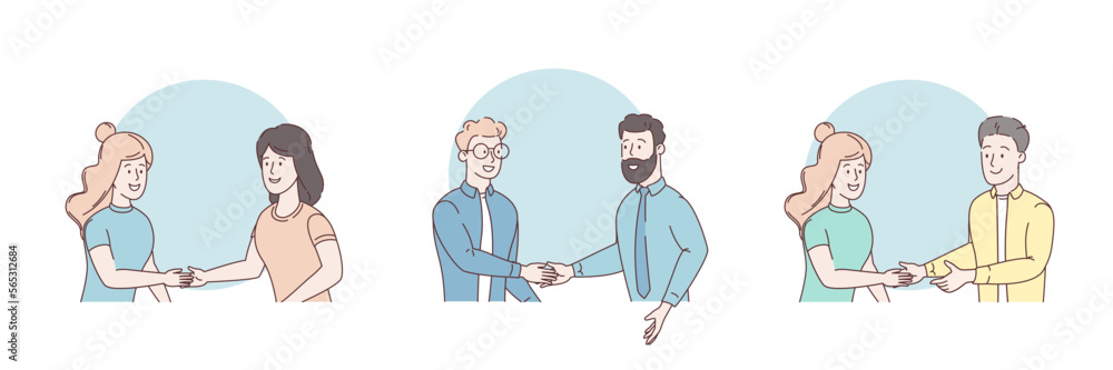 Meeting of business people. Several couples of people in business clothes shaking hands. Symbol of success deal, happy partnership, greeting shake, handshaking agreement. Set of vector illustrations Meeting of business people. Several couples of people in business clothes shaking hands. Symbol of success deal, happy partnership, greeting shake, handshaking agreement. Set of vector illustrations