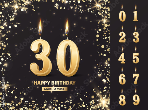 Vector Birthday Anniversary Greeting Card, Banner with 3d Realistic Burning Golden Birthday Party Candles, Numbers, Flame. Candle Icon Set. Design Template, Clipart. Birthday Concept. Front View