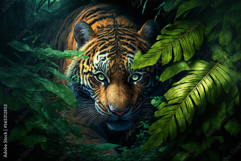 A tiger is lurking behind the leaves. Generative AI. Lovely tiger