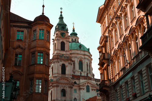 View on the lesser town with saint Nicholas church in Prague city photo