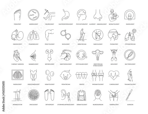Professions in medicine a set of linear icons in vector includes.