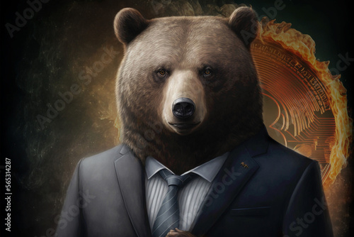Realistic bear dressed in a business suit with burning cryptocurrency background. Generative ai.
