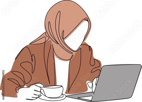 continuous line drawing of professional young muslim business woman using mobile digital tablet computer work and writing work plan on personal notebook isolated on white background
