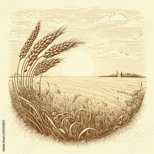 Farm, agriculture sketch. Rural landscape in engraving style. Vector Illustration of hand drawn doodle. Woodcut. Generative AI