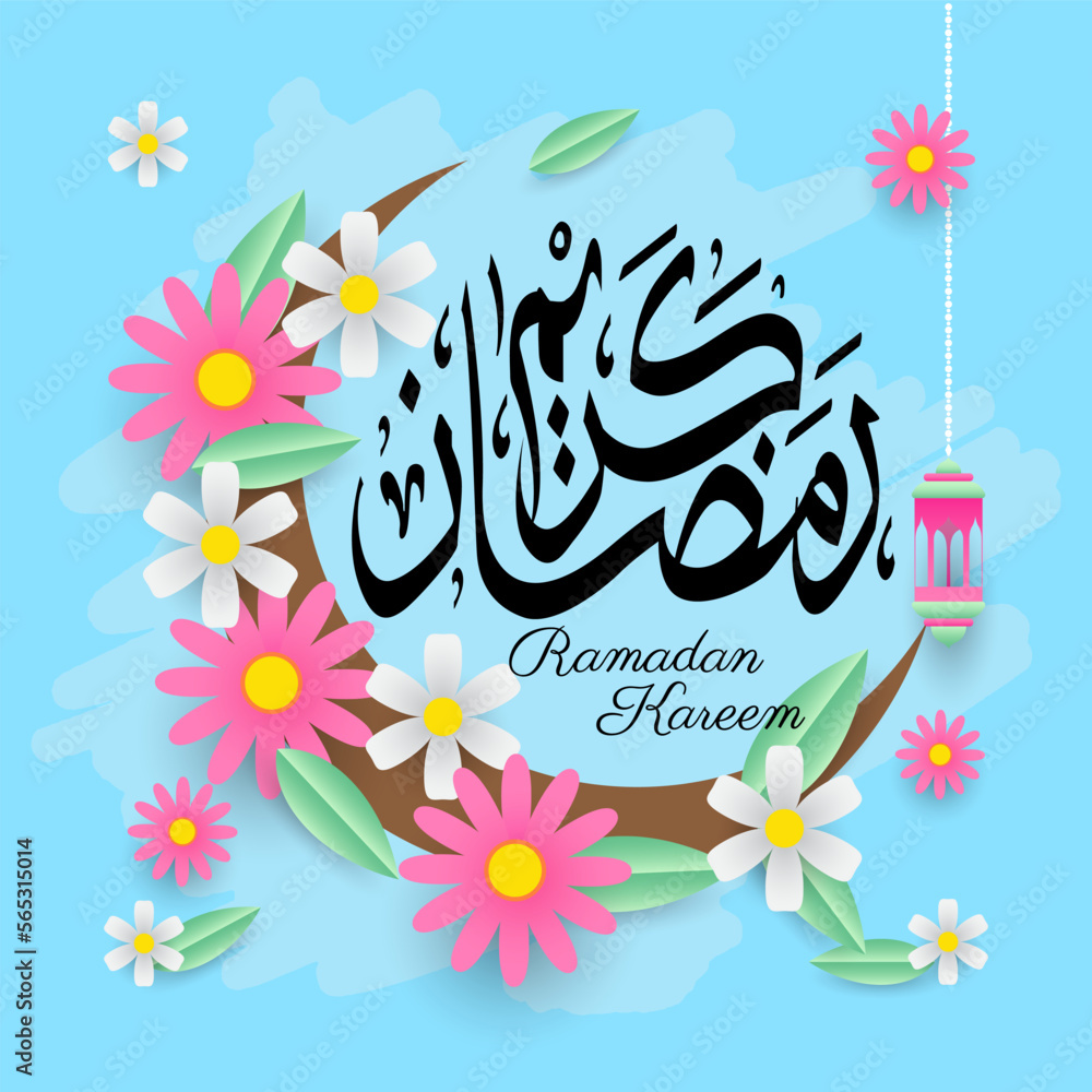 ramadan kareem card with flowers, lantern,leaves and moon on blue background. islamic vector illustration ramadan kareem card with flowers, lantern,leaves and moon on blue background. islamic vector illustration