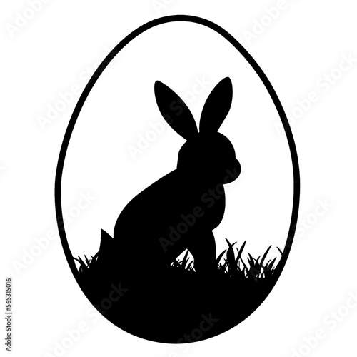 Happy Easter background square illustartion vector - Black silhouette of Easter egg, sitting easter bunny and grasses, isolated on white texture