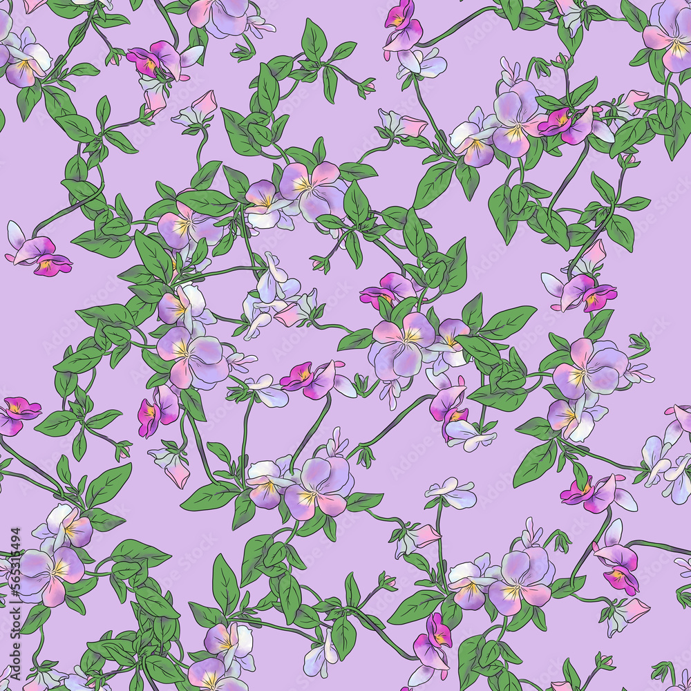 Seamless floral pattern with spring garden violets with green leaves on lilac background.