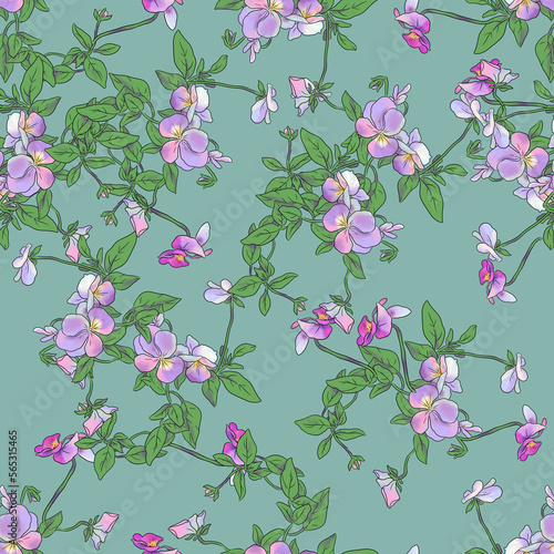 Seamless floral pattern with spring garden violets on grey-green background.