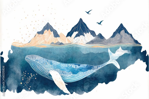 Blue whale in sea, mountains and birds, watercolor drawing. Generative AI photo