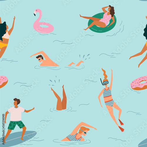 Repeated background with people relaxing and swimming in the sea, are relaxing and diving into the water and surf board. Surfer on the waves. Summertime beach vector illustration. Flat design.