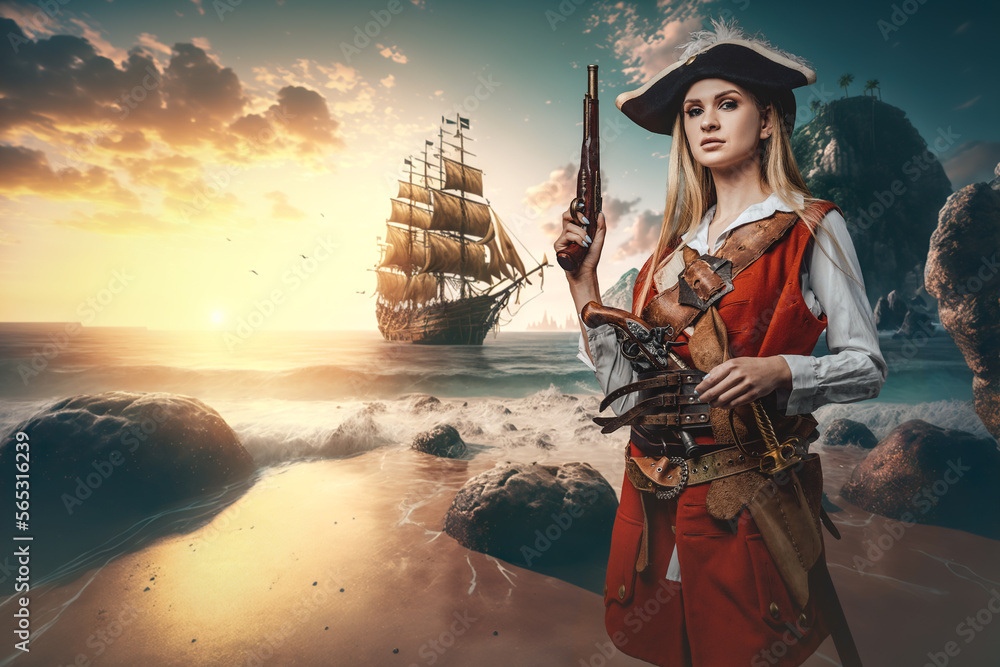 Naklejka premium Shot of pirate woman dressed in costume on coast of tropical island.