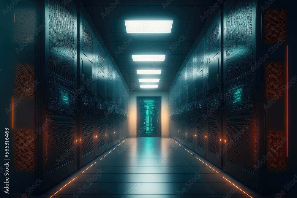 Data center with server room. Platform for hosting contemporary Internet contents. Rack housing server data storage hardware ,made with Generative AI Data center with server room. Platform for hosting contemporary Internet contents. Rack housing server data storage hardware ,made with Generative AI