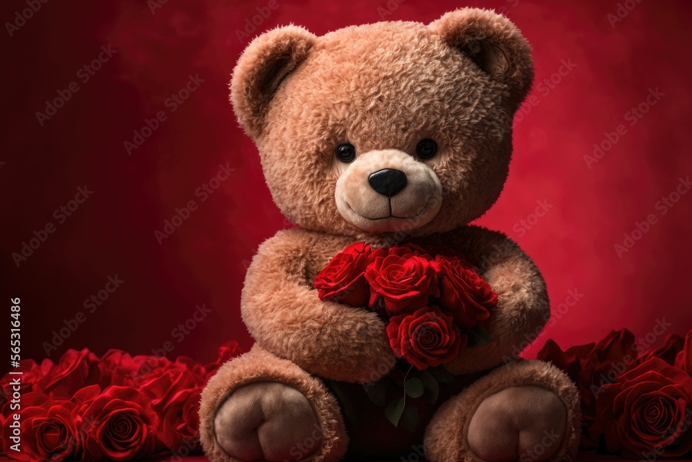 Teddy bear with roses for Valentine's Day ,made with Generative AI Teddy bear with roses for Valentine's Day ,made with Generative AI