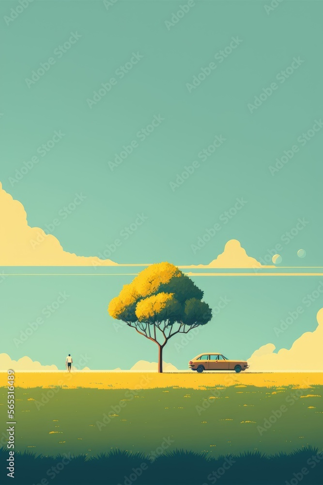 Minimalist landscape scenery wallpaper with single tree ,made with Generative AI