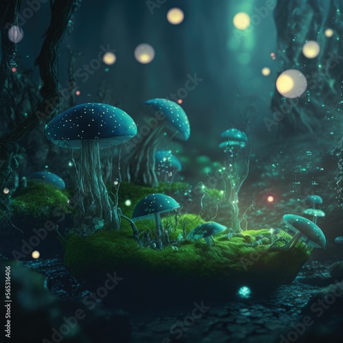 Glowing mushroom with fireflies in the magic forest ,made with Generative AI