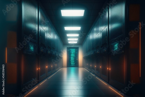 Data center with server room. Platform for hosting contemporary Internet contents. Rack housing server data storage hardware  made with Generative AI