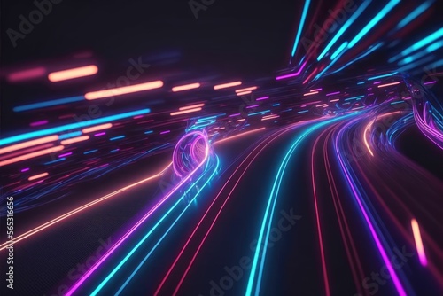 Glowing colorful of neon light or laser moving high speed data network technology ,made with Generative AI