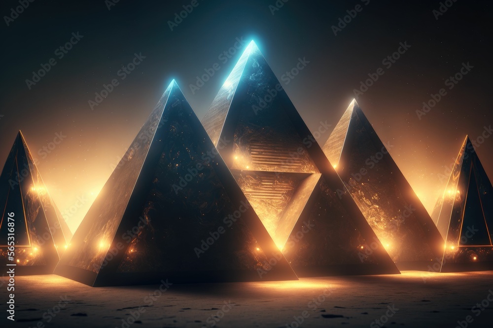 Light effects and pyramids at night , future scene with glowing lights ...