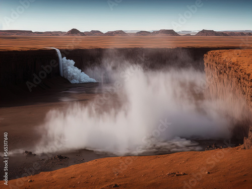 A mysterious barren landscape with hot springs and waterfalls. 