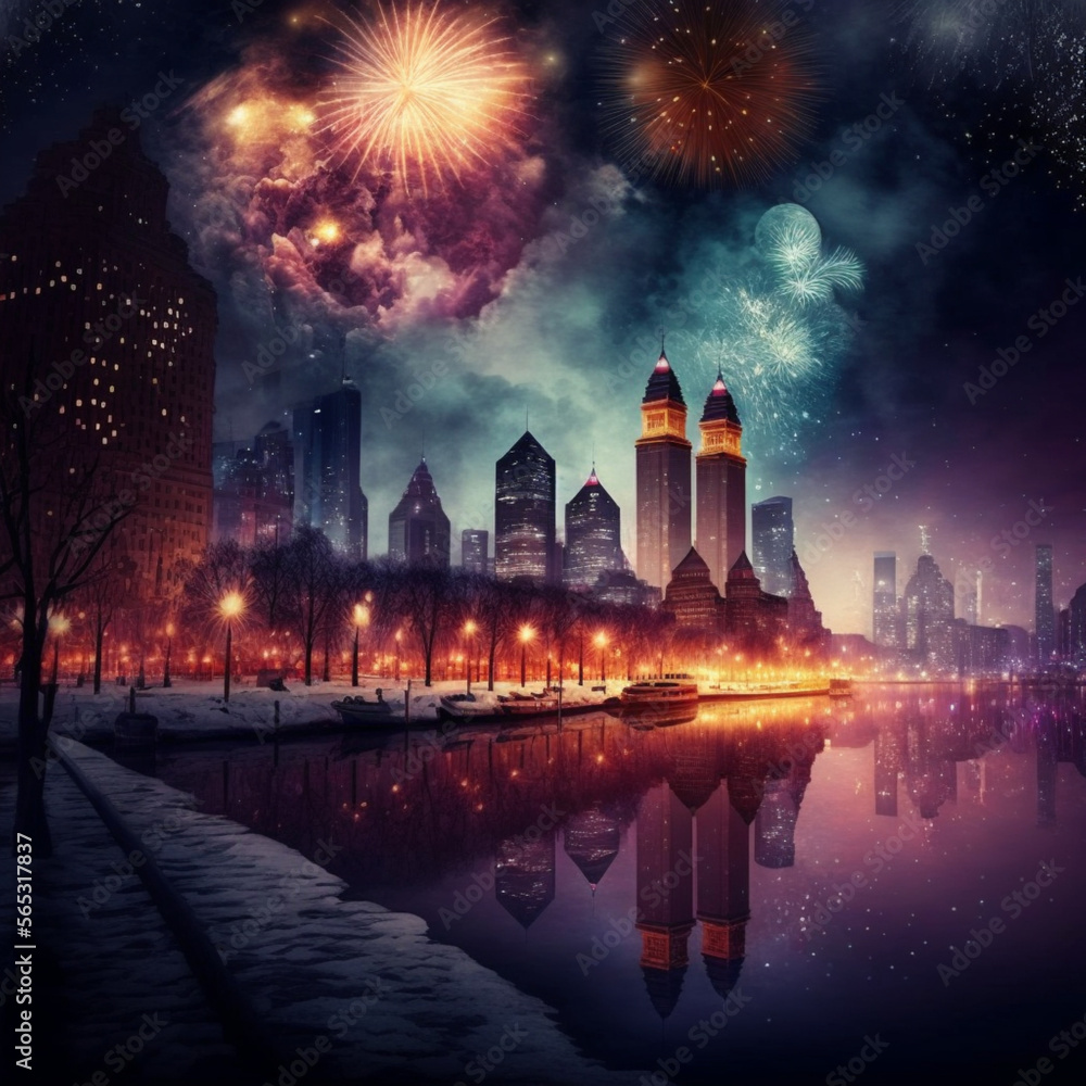 the turn of the new year in the city is very lively with very beautiful fireworks in the sky
