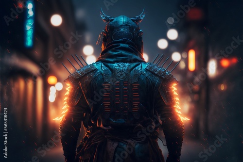 Armored Samurai from back waiting on the street with neon lights on background, AI Generative © NikoArakelyan