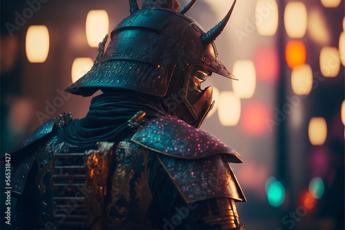 Armored Samurai from back waiting on the street with neon lights on background, AI Generative