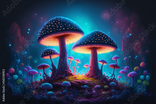 Magical Mushroom in fantasy enchanted fairy tale forest. Generative Ai.