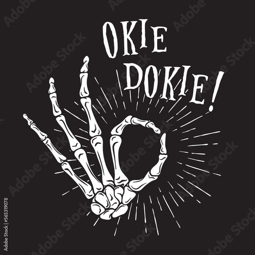 Hand drawn skeleton hand in Okay gesture. Flash tattoo, blackwork, sticker, patch or print design vector illustration.