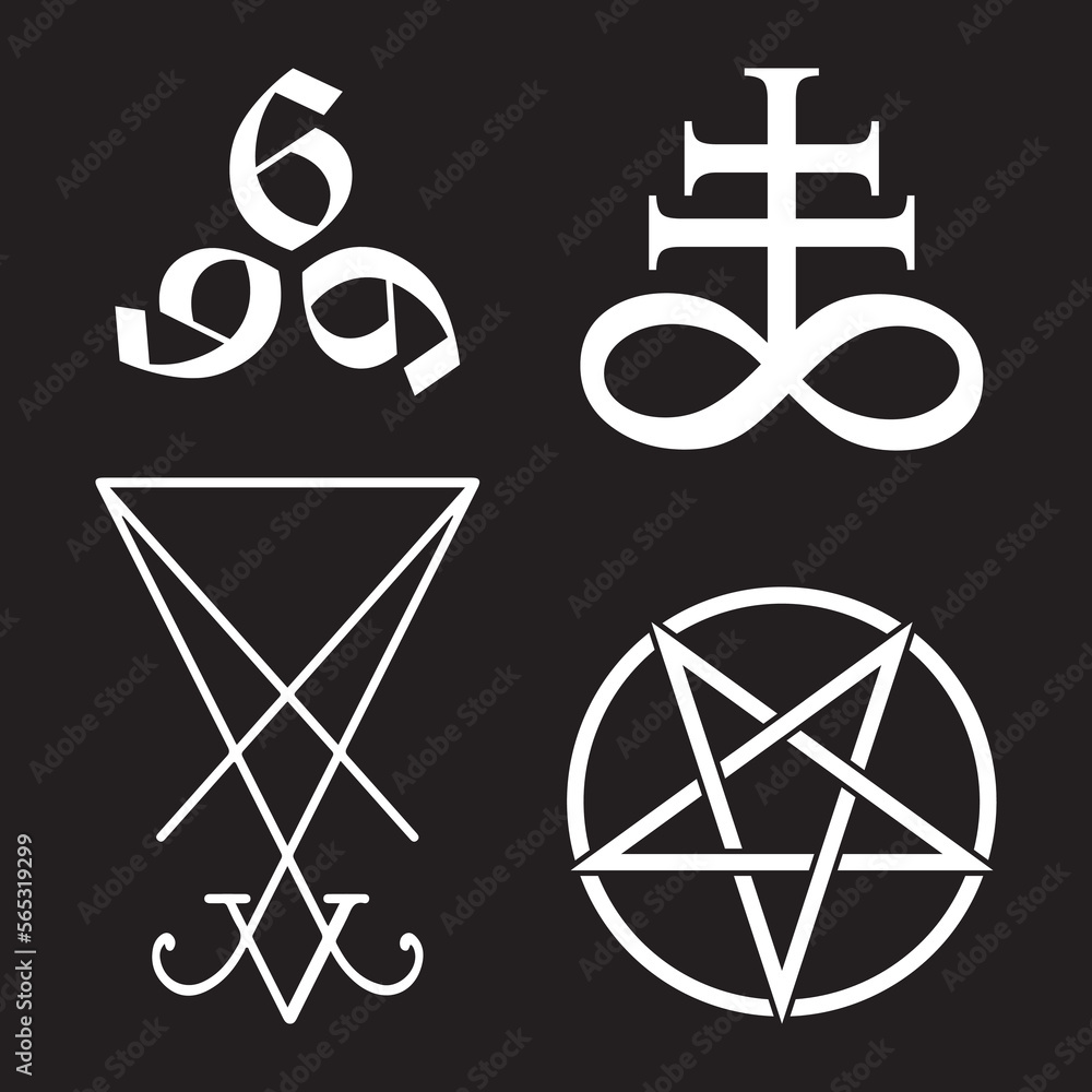 Vecteur Stock Set of occult symbols Leviathan Cross, pentagram, Lucifer sigil and 666 the number of the beast hand drawn black and white isolated vector illustration. Blackwork, flash tattoo or print design.