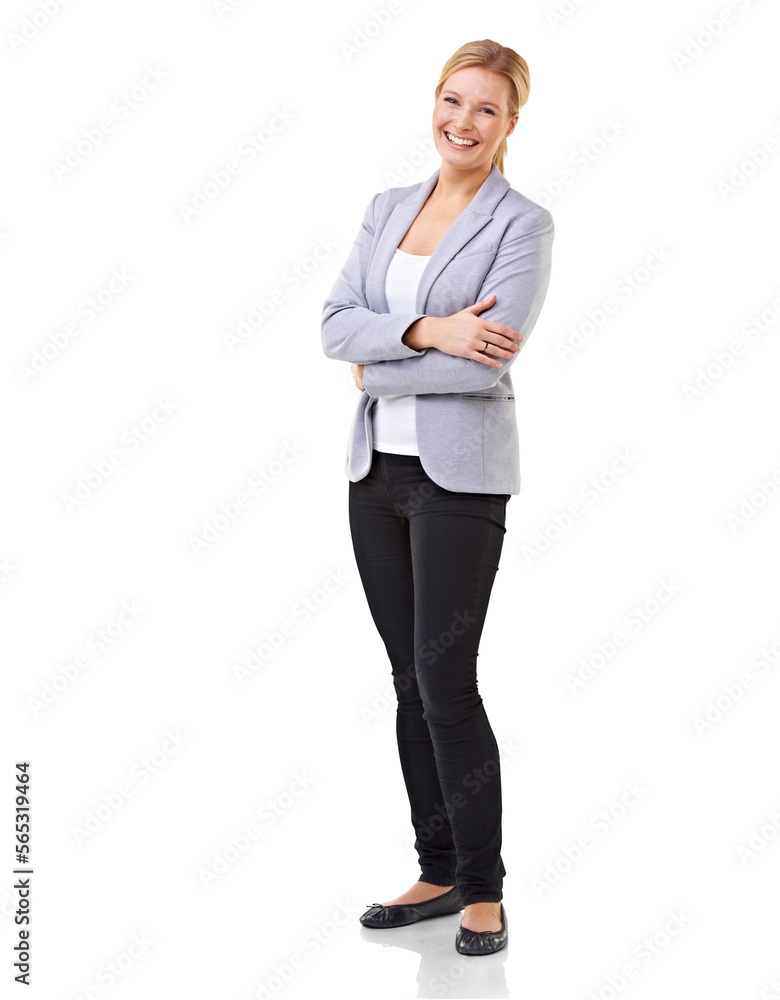 A beautiful woman smiling with her arms crossed wearing a formal suit Isolated on a PNG background. A beautiful woman smiling with her arms crossed wearing a formal suit Isolated on a PNG background.