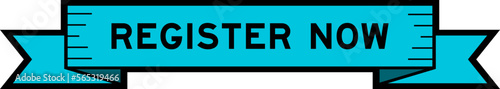 Ribbon label banner with word register now in blue color on white background