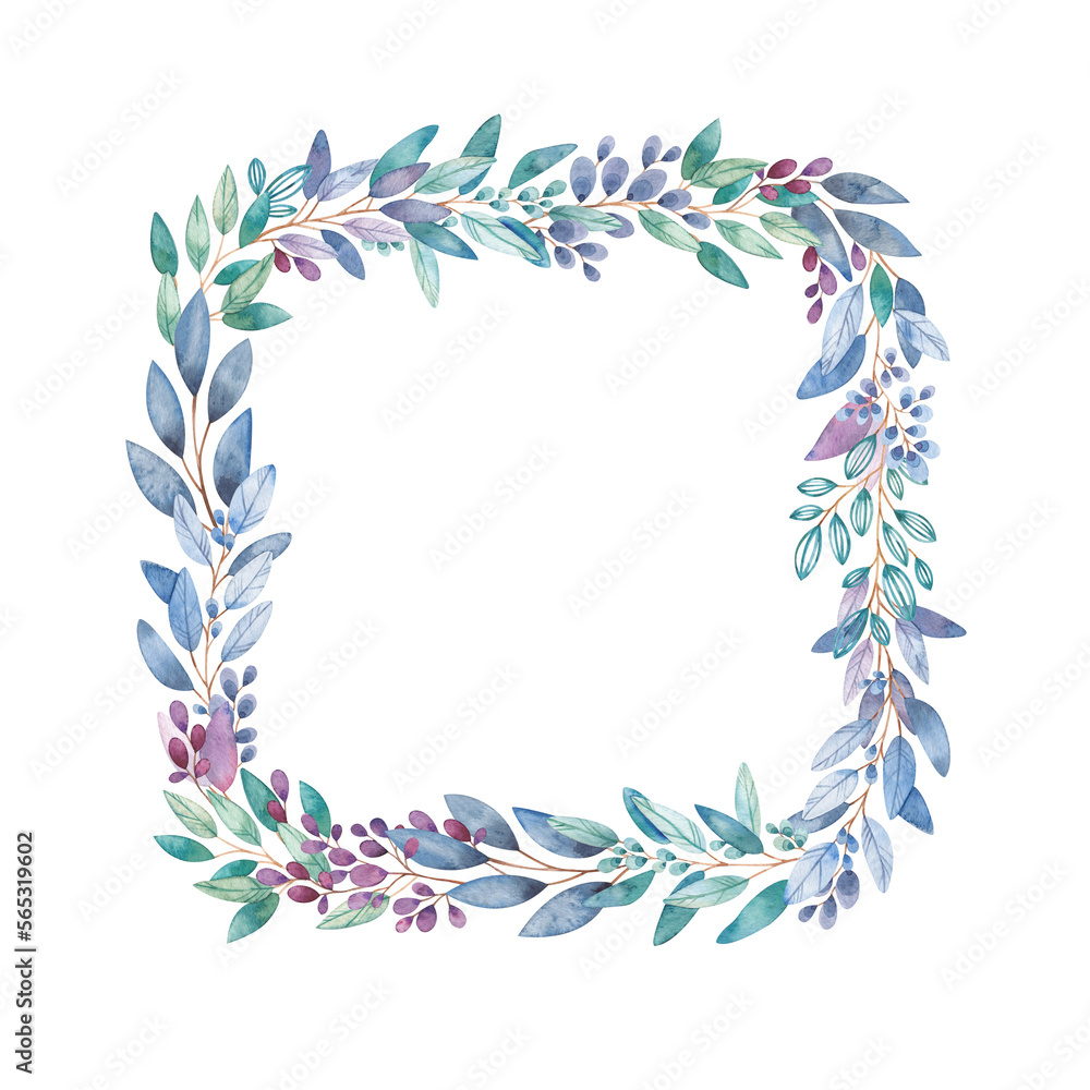 A square frame of watercolor blue twigs and flowers, the wreath is highlighted on a white background. Hand-drawn botanical illustration. Perfect for wedding invitations, date saving, greeting cards.