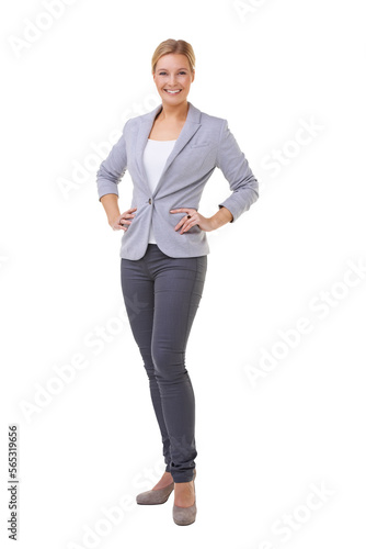 Full length of an attractive young blond posing with her hands on her hips Isolated on a PNG background.