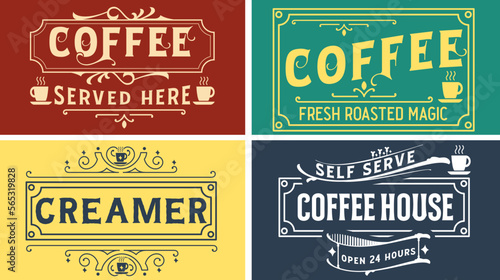 Vintage coffee label sign vector graphic svg design for coffee shop, brand, bar, house. Served here. Fresh roasted magic. self serve, open 24 hours.