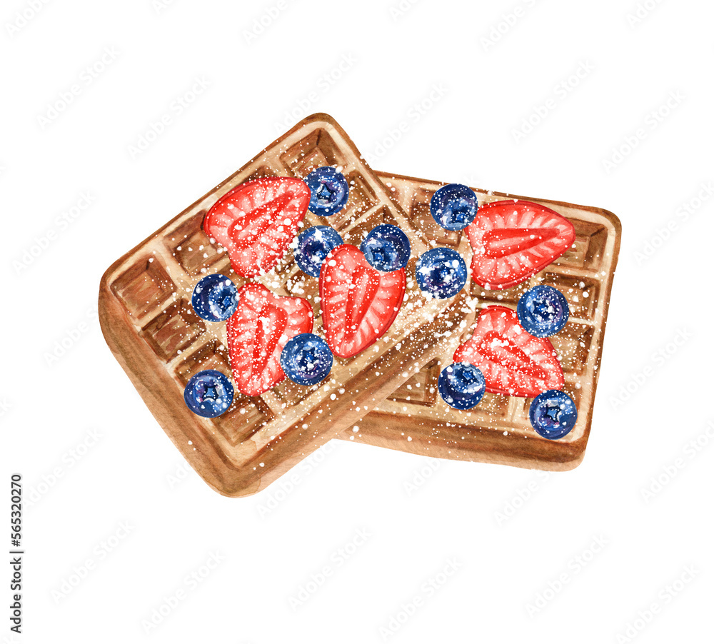 Watercolor hand drawn Belgium waffle isolated elements. Bakery clipart ...