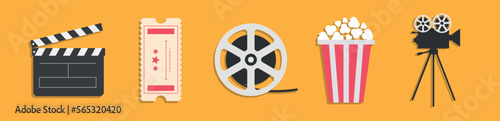 Cinema icon set line. Popcorn box package Big movie reel. Open clapper board. Ticket Admit one. Three star. Flat design style. Yellow background. Isolated. Vector 10 EPS.