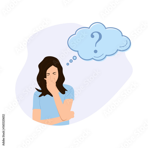 Woman thinks. Illustration of beautiful woman thinking. flat style. Women's thinking and problem solving. Woman thinking about solving problems and question. Vector illustration
