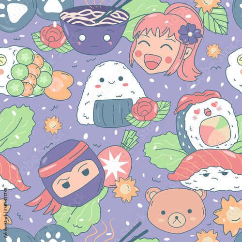 Kawaii seamless pattern for bento with cute sushi and onigiri with smiling faces, laughing girl and funny ninja from japanees anime. Happy vector background for kids about asian food.