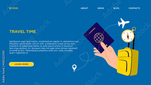 Travel Concept. Journey for web site. Passport, Compass, Suitcase, airplane on the blue background. Minimal design for Travel agency. Tourism vector illustration