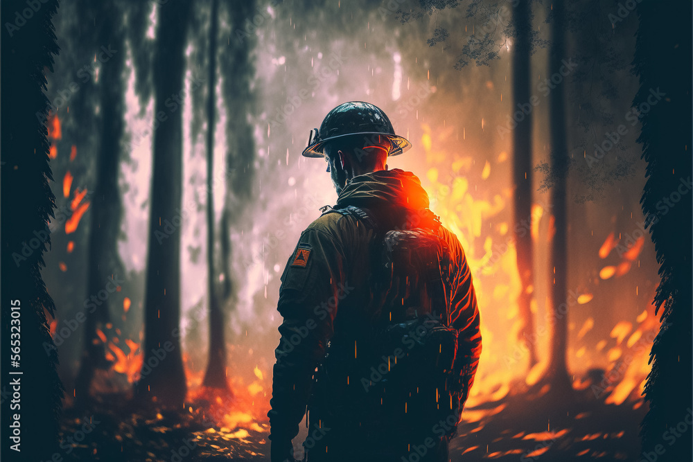A fireman faces a fire in the woods in a dramatic light. Generative ai.