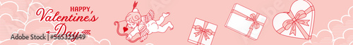 Valentine's Day design template which include greeting word, panoramic horizontal banner - Cupid and giftbox, Pink and Red color
