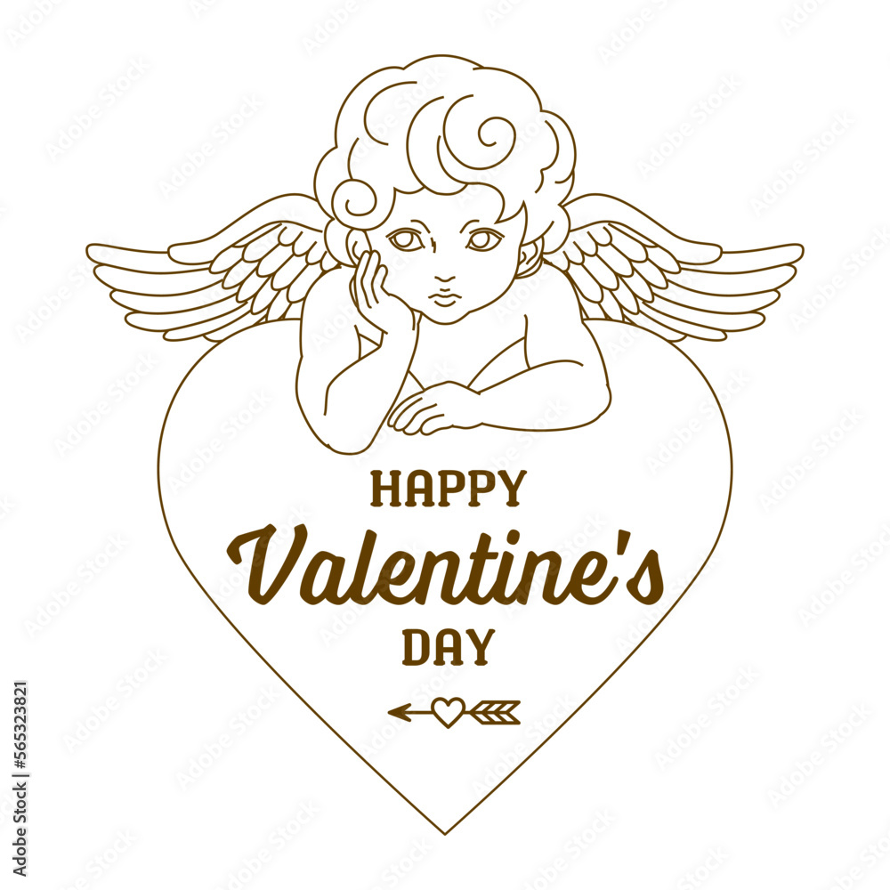 Fototapeta premium Valentine's day Heart shape logo and Cupid with one hand resting under their chin - Hand drawn outline