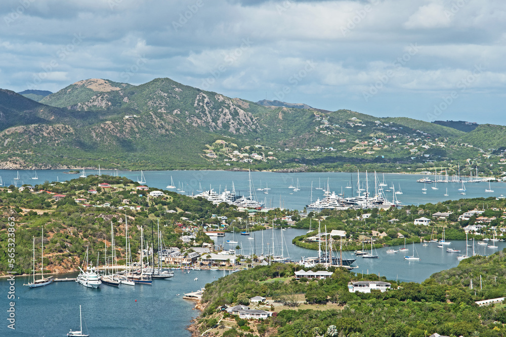 Panoramic view of Nelson's Dockyard, English Harbour and Falmouth on the island of Antigua taken from Shirley Heights.