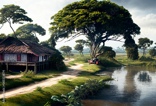 Bangladesh landscape with river. Generative AI Art. Beautiful view.