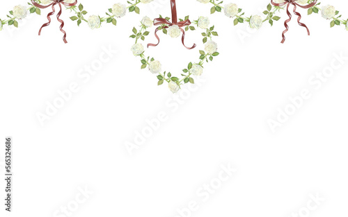 Watercolor illustration. A rectangular banner with rose frills and bows hanging from the top. Place for inscription. Isolated on a white background. For design of greeting card, wedding invitations
