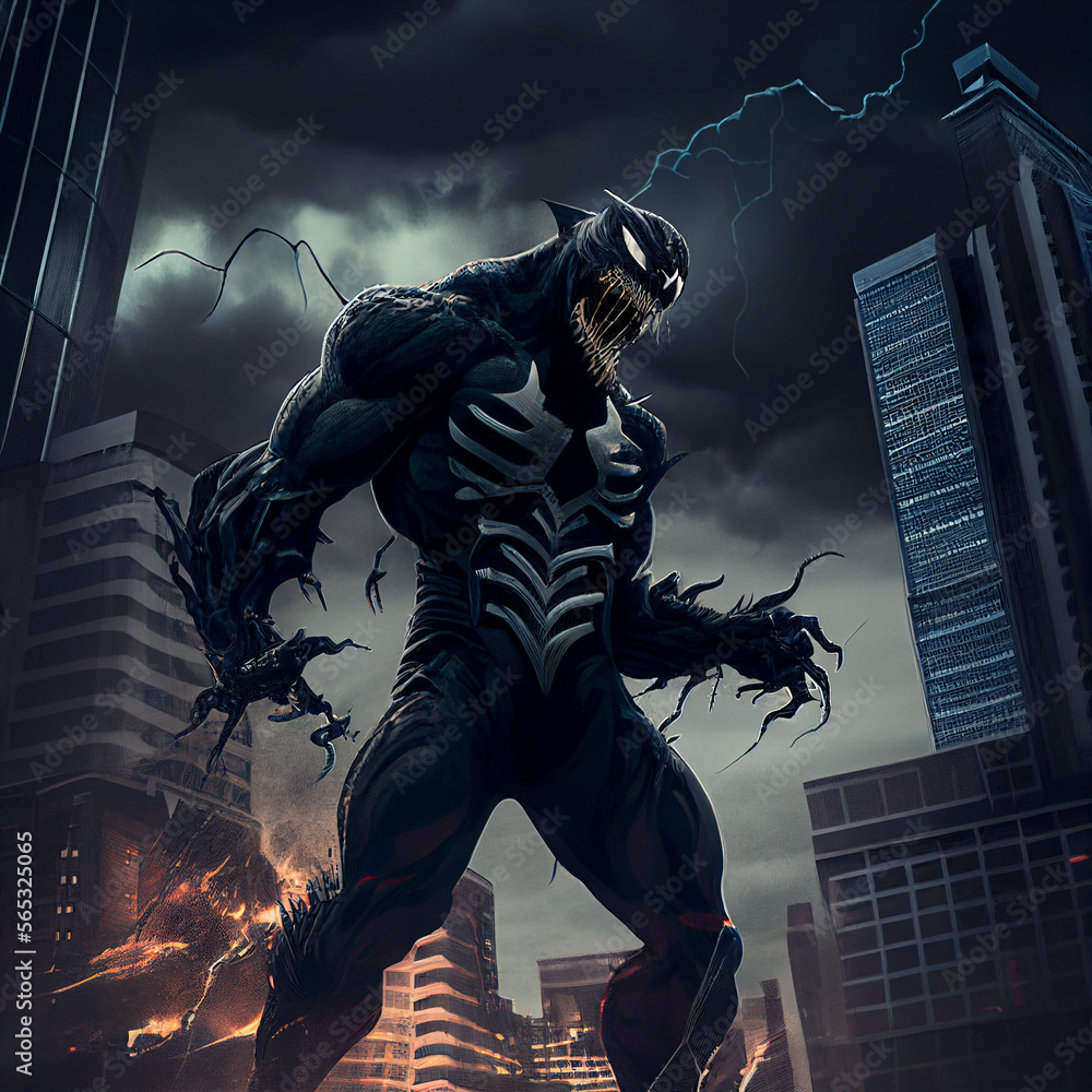 superhero character venom building dark atmoshpere illustration