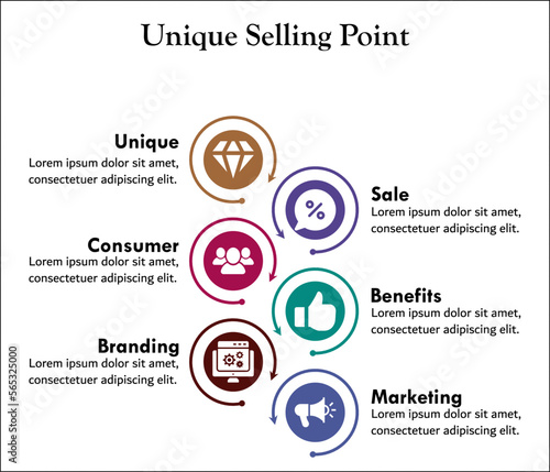 USP - Six elements of Unique Selling point with icons and description placeholder in an infographic template