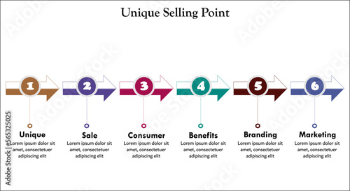 USP - Six elements of Unique Selling point with icons and description placeholder in an infographic template