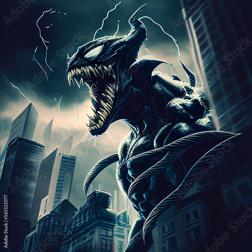 Plakat superhero character venom building dark atmoshpere illustration realistic marvel
