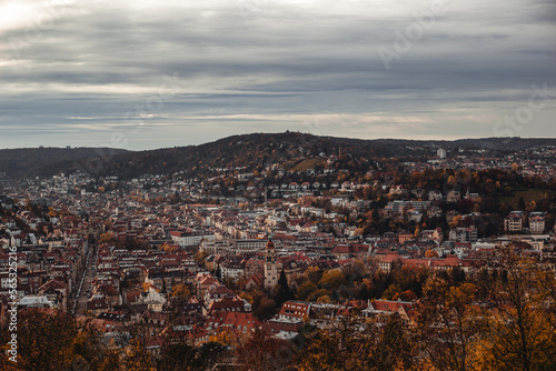 Beautiful panorama of the autumn big city view from above © Alex
